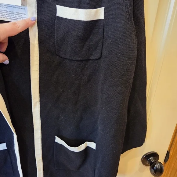 Anne KleinTipped Patch-Pocket Cardigan Women's Medium Black Open Front - Picture 5 of 15